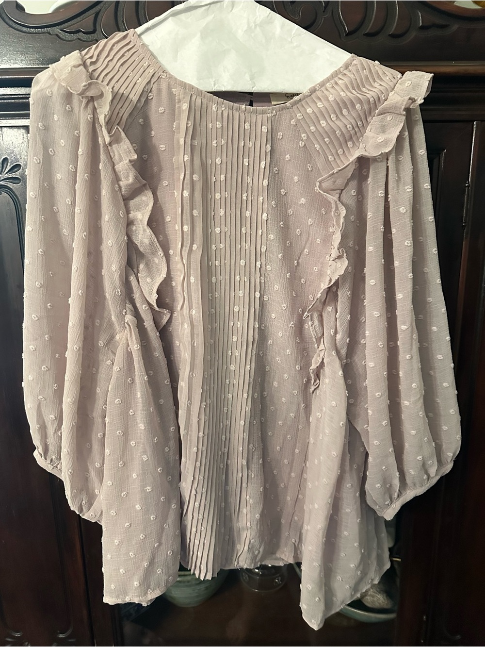 easel Dusty Taupe Swiss Dot Pintuck Ruffle Blouse